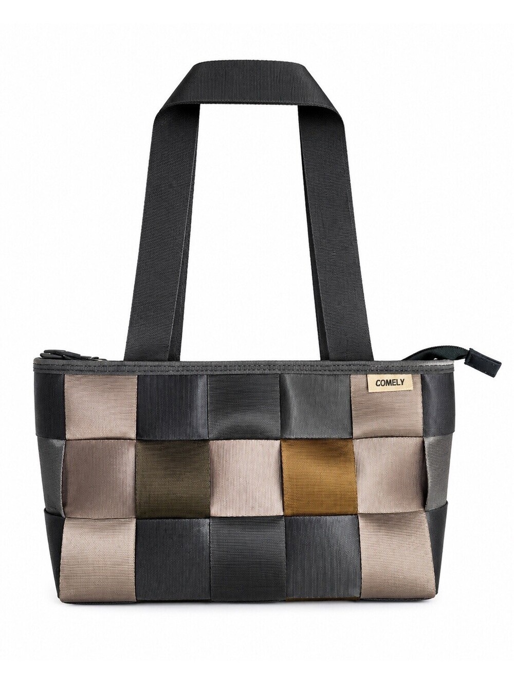 Comely Seatbelt Bag Double Handle Tote Zipper Close Brown Nylon Medium Shoulder